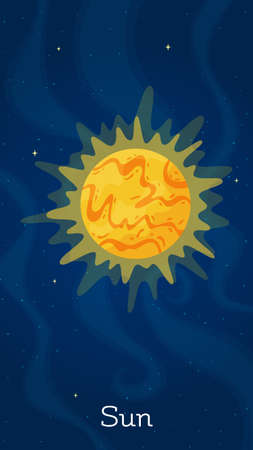 Cartoon solar system star Sun vector illustration. Universe round object art concept on dark blue vertical space background with solar system star Sun for galaxy graphic design conceptのイラスト素材