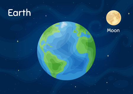 Flat space planet Earth vector illustration. Celestial sphere object graphic concept with space planet Earth on starry night sky flat style background for children galaxy science gameのイラスト素材