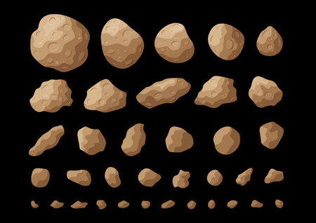 Cartoon space asteroids vector illustration set. Colorful collection of isolated space stones and asteroids, belt rocks and meteorites on black background for cosmic concept art.のイラスト素材