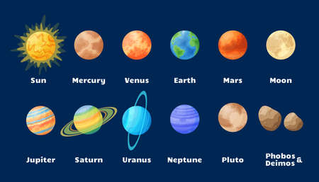 Cartoon sun and solar system planets set illustration, comic celestial bodies graphic design collection, flat round astronomical object concept on blue cosmic background for astronomy science conceptのイラスト素材