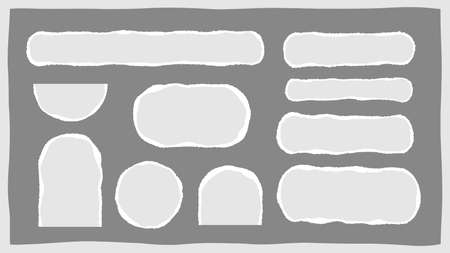 Isolated tear paper border, edge ripped newspaper note, blank rip notebook background, circular grunge page strip, white torn cardboard banner, vector illustration set.のイラスト素材