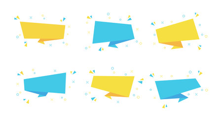 Isolated origami style sale sticker collection, horizontal web price label, flat color promotion tag set, abstract festive promo offer, geometric rectangle discount banner, vector graphicのイラスト素材