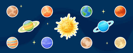 Cartoon space planet set graphic sticker, comic astronomical sphere vector illustration label, flat celestial body design patch collection on blue background for magic cosmic fantasia conceptのイラスト素材