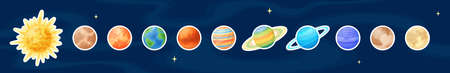 Flat sun and solar system planets art patch set, cartoon space objects vector label, comic celestial body design sticker collection on blue cosmic background for science game graphic illustrationのイラスト素材