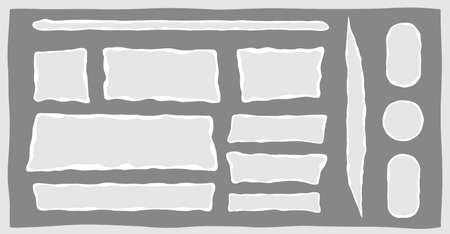 Isolated grunge cardboard strip, edge ripped newspaper note, blank rip notebook background, rectangular tear page shred, white torn paper piece, vector illustration set.のイラスト素材