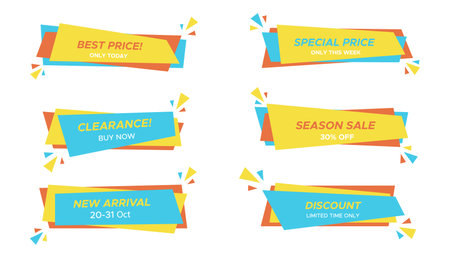 Horizontal trendy sale sticker set, isolated rectangle promo bubble, flat web discount banner, abstract color price label collection, festive geometric promotion frame, vector graphicのイラスト素材