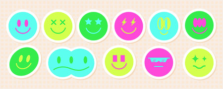 Retro abstract acid smile face sticker packのイラスト素材