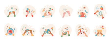 Colorful isolated hands making handcraft activity setのイラスト素材