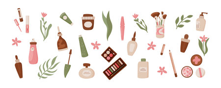 Cartoon natural makeup product set composition.のイラスト素材