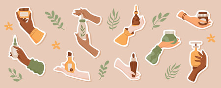 Hand holds natural beauty product sticker pack.のイラスト素材