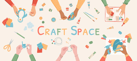 Creative DIY hands art class top view collection.のイラスト素材