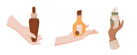 Cartoon hand holds antiaging beauty oil bottle setのイラスト素材