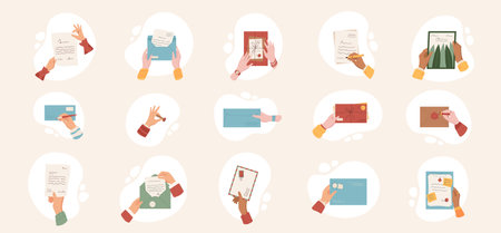 Hand hold mail and letter cartoon set illustrationのイラスト素材