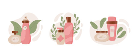 Isolated organic cosmetic product bottle set.のイラスト素材
