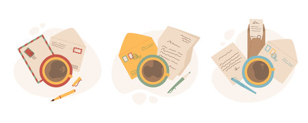 Trendy top view envelope and coffee illustration.のイラスト素材