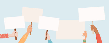 Hands hold various signs and placards at a protestのイラスト素材