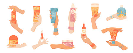 Creative set with hands hold uv block lotion tubeのイラスト素材