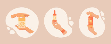 Flat hands hold solar screen lotion tube set.のイラスト素材