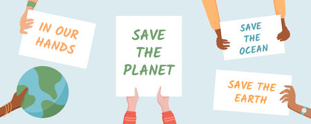 Hands hold environmental protest signs and bannerのイラスト素材