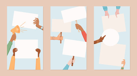 Diverse hands hold blank protest signs set.のイラスト素材