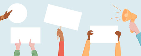Set of hands holds blank signs and bannersのイラスト素材