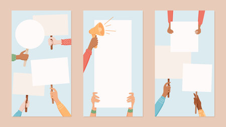 Hands hold and display blank protest banners setのイラスト素材