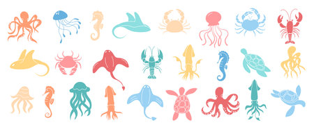 Colorful Marine Creatures Cartoon Setのイラスト素材