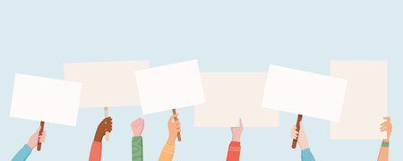 Hands hold blank protest placards collection.のイラスト素材