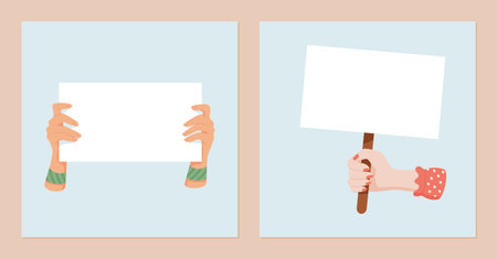 Hands hold blank signs and placards for protest.のイラスト素材