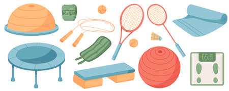 Colorful Flat Gym Equipment Setのイラスト素材