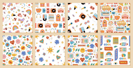 Groovy Retro Seamless Music Sticker Pattern Setのイラスト素材