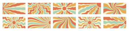 Retro Groovy Wavy Sun Burst Background Setのイラスト素材