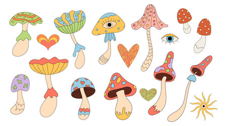 Groovy Psychedelic Mushroom Set, Colorful Doodle Set
