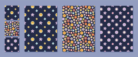 Groovy Retro Seamless Floral Pattern Set