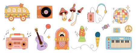 Groovy Retro Music Party Sticker Setのイラスト素材