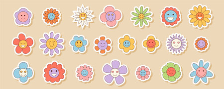Groovy Retro Daisy Flower Sticker Setのイラスト素材