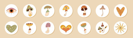 Groovy Retro Psychedelic Mushroom Sticker Setのイラスト素材
