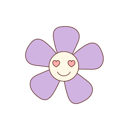Groovy retro flower sticker in cute cartoon graphic style with happy smile face and heart eyes. Vintage groovy element and y2k mood for playful designs. Fun choice for cheerful, positive, trendyのイラスト素材