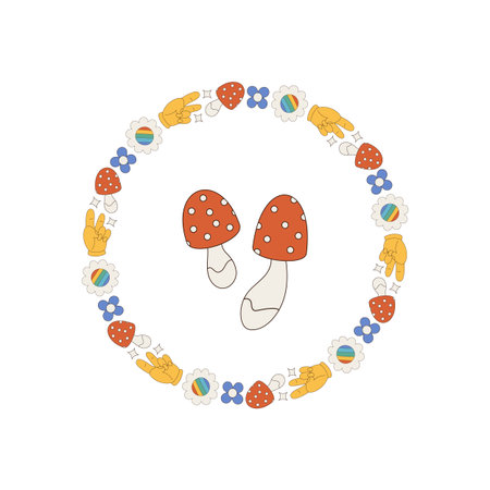 Groovy Retro Sticker Circle Border Frame Patternのイラスト素材