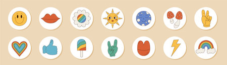 Retro Groovy Round Sticker Setのイラスト素材