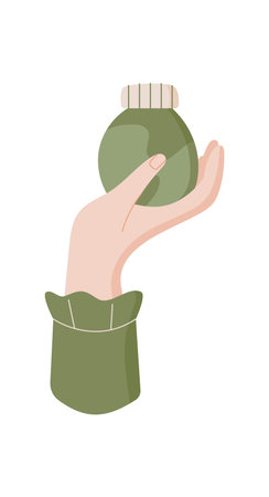 Trendy hand holds eco beauty shampoo bottle.のイラスト素材