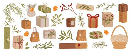 Vintage Kraft Gift Box Set Flatのイラスト素材
