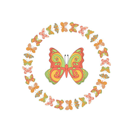 Groovy Retro Butterfly Circle Border Patternのイラスト素材