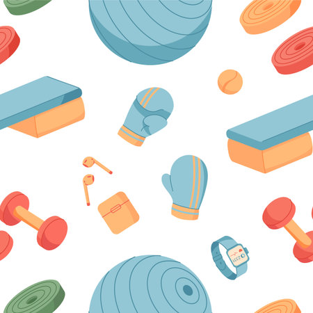 Colorful Seamless Pattern With Fitness Equipmentのイラスト素材