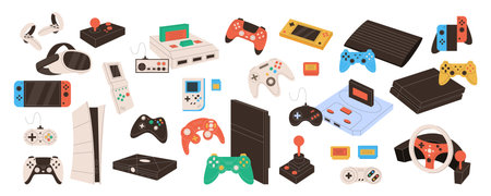 Retro game console and gadget collection in flat style. Portable video game device, joystick,...