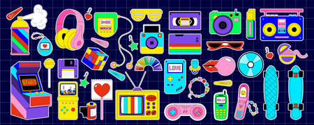Y2k cute retro cartoon sticker set in flat pop style. Fun stickers as 90s and 2000s elements with...
