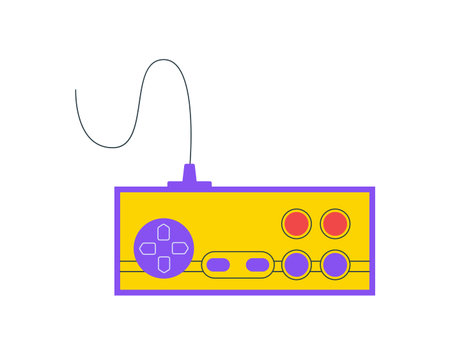 Retro flat gamepad controller icon with yellow and purple pad. Classic videogame joystick as vintage...