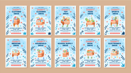 Set of charity help box banner in flat style. Volunteer donation box banner with gift and care for needy community. Charity help background support people and donate goods, ideal for print poster