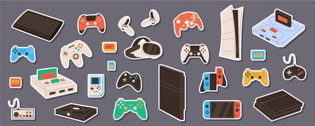 Y2K retro video game sticker set in cartoon graphic style with console, joystick and gamepad gadget....