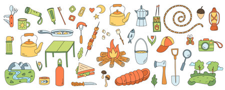 Campfire adventure camp doodle icon set in hand drawn style. Outdoor camping graphic with colorful equipment and picnic sign. Collection for adventure and camp themes.のイラスト素材